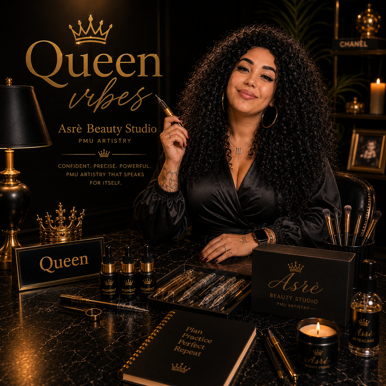Queen Vibes — Asrè Beauty Studio PMU artistry with gold crown and pigment tools