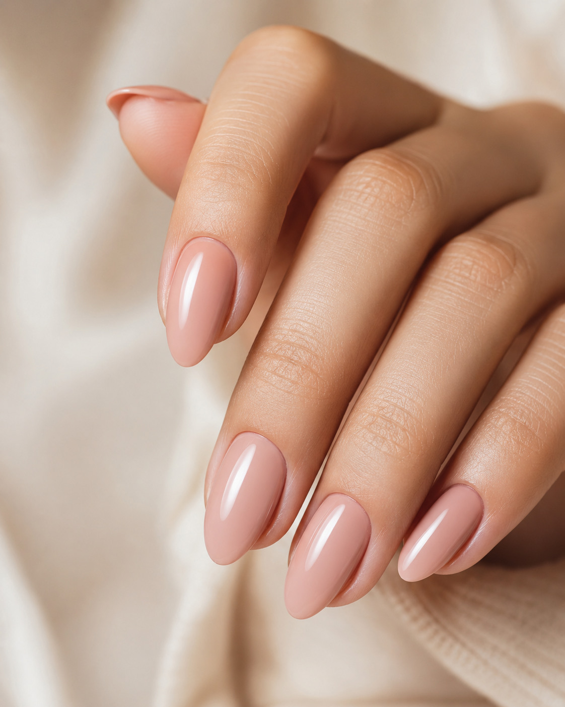 Nude pink glossy almond gel nails