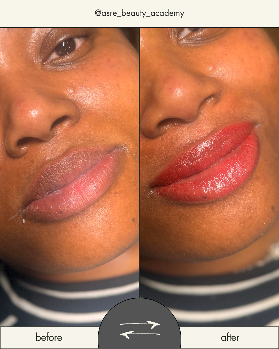 Lip blush before and after on deeper skin tone