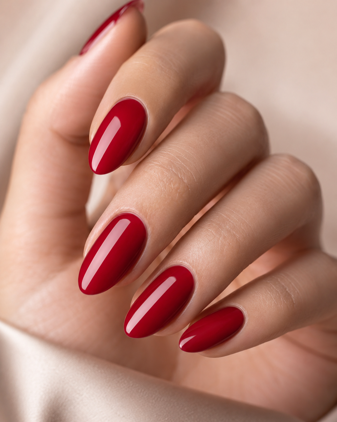 Glossy red gel almond nails