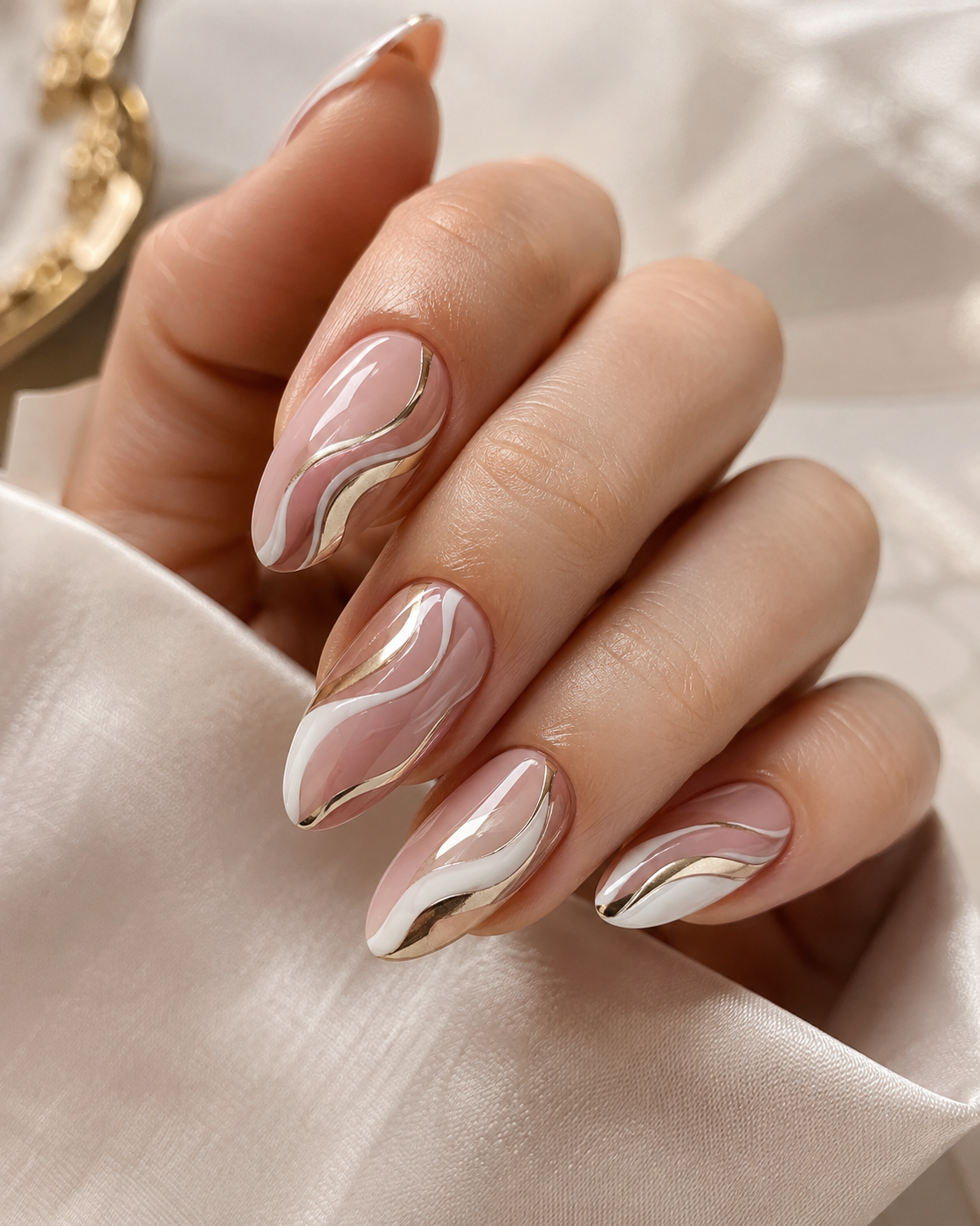 Almond nails with gold and white swirl nail art