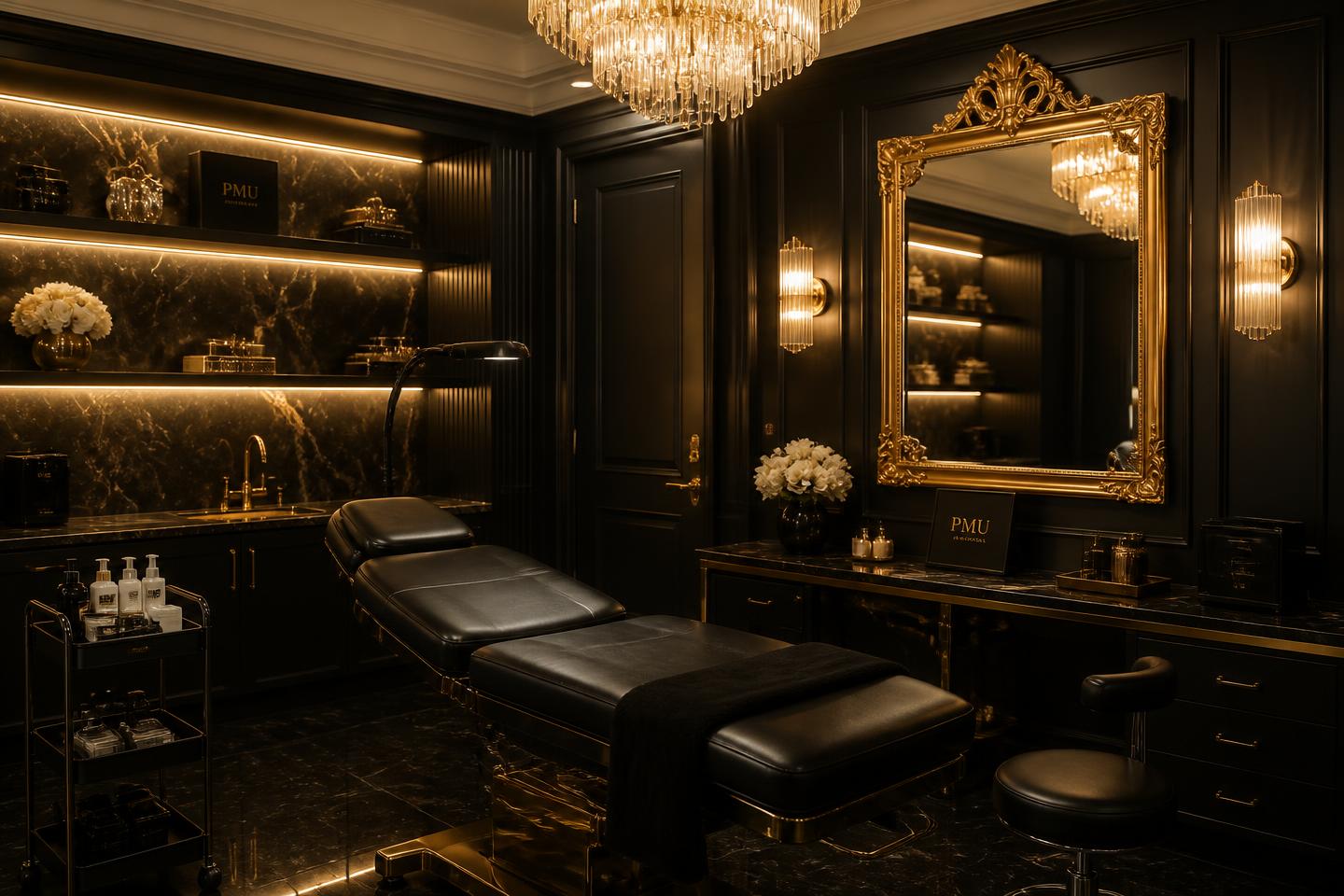 Luxury black and gold beauty studio interior in Trikomo, Northern Cyprus